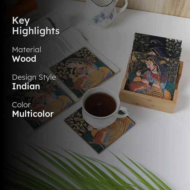 Kalamkari Wooden Costaer with Stand - Seven Piece Set media 2