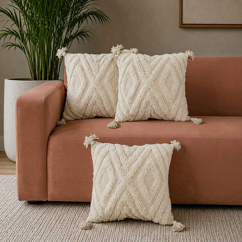 Plush Prisms Tufted Cushion Cover (White) - Set Of Three - 18 x 18 Inches