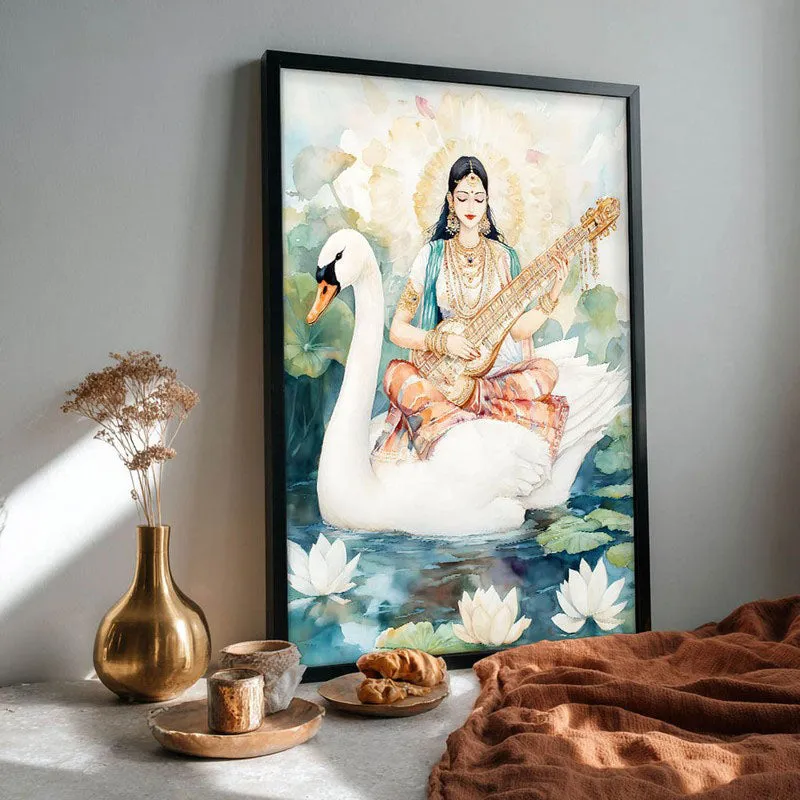 Vijnana Saraswati Spiritual Archival Paper Wall Painting With Frame - Black media 4
