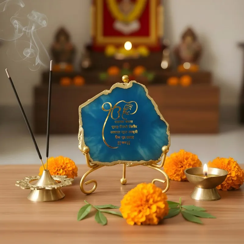 Krishna Blessing Aura Agate Showpiece With Stand - Blue & Gold media 1