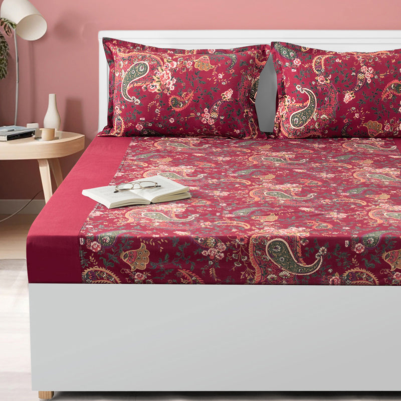Swayam Crimson Paisley Cotton Bedsheet - 180 TC || Super Soft media 4