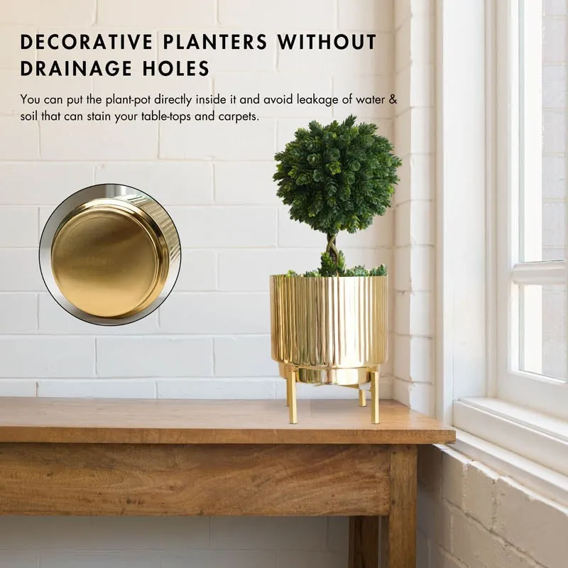 Royale Golden Metal Fluted Planter - Set Of Two media 10