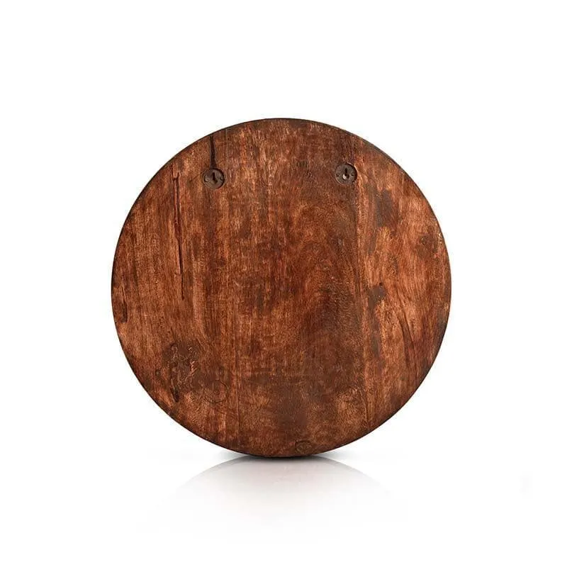 Back view of the round brown wooden shelf showing its wood surface and wall-mount points