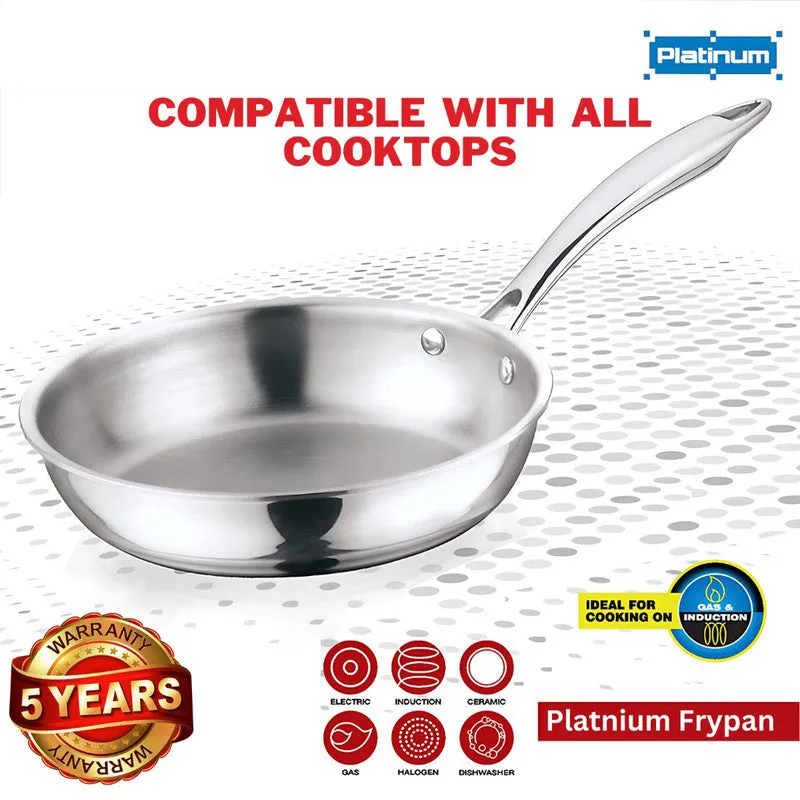 Silver frying pan displayed on a dotted surface with a long single handle.