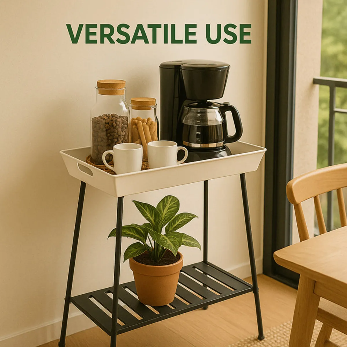 White tray planter stand used as a coffee station with plants on the lower shelf
