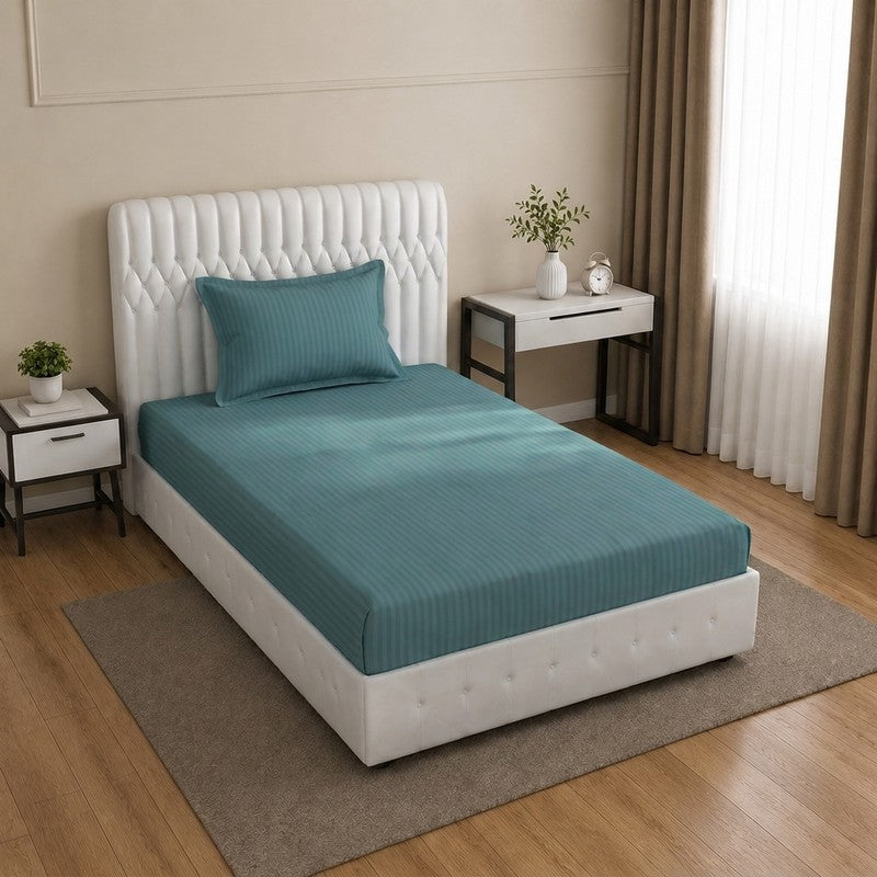 StripeScape Glace Cotton Fitted Bedsheet (Teal) - 130 GSM - Single Fitted