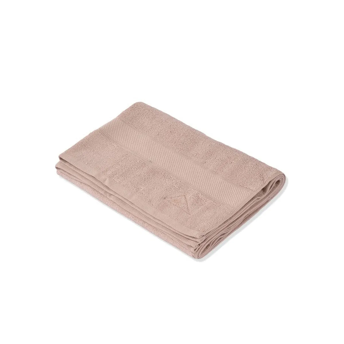 Folded beige bath towel shown against a white background