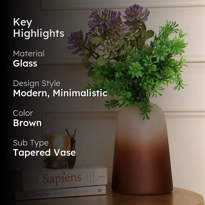 Tall frosted brown tapered vase with greenery in a styled room setting