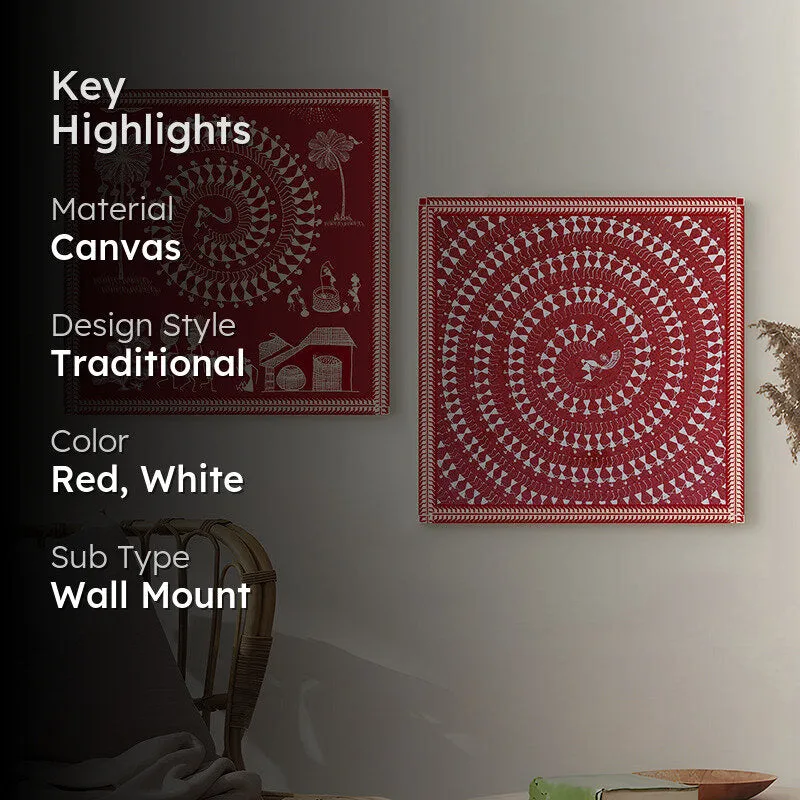 Warli Motif II Canvas Wall Art - Set Of Two media 2