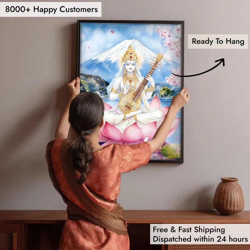 Padmasana Saraswati Spiritual Archival Paper Wall Painting With Frame - Black media 6