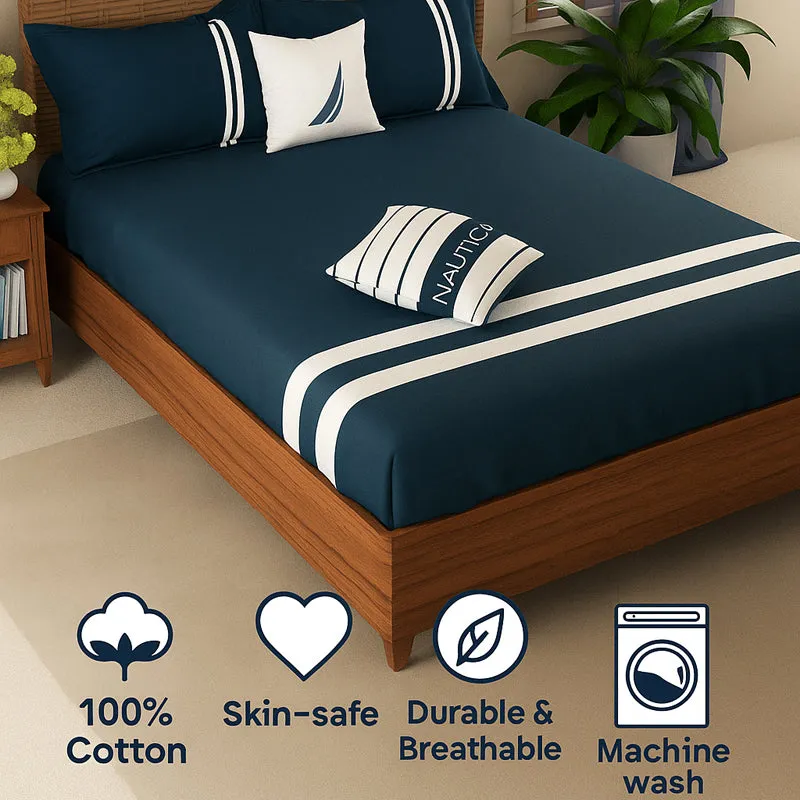 Nautica Dune Line Cotton Bedsheet (White & Navy Blue (500 TC) - 500 TC media 9