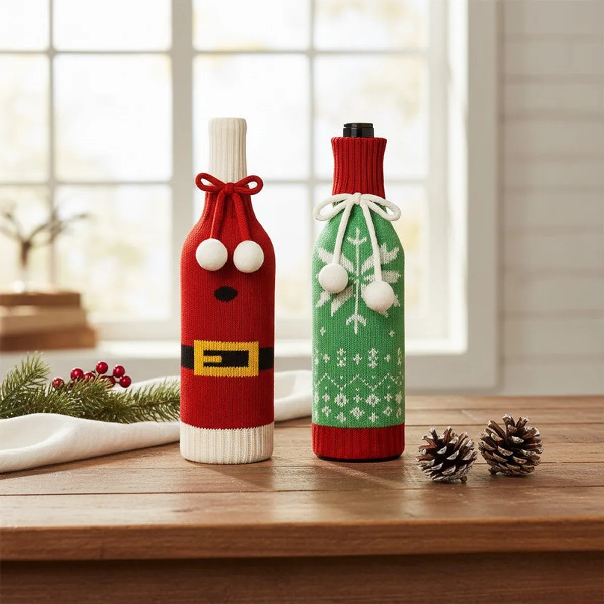Two wool-look bottle Christmas ornaments displayed on a wooden table in a bright room.
