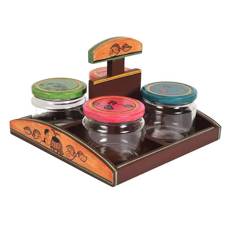 Five-piece condiment set with four colourful-lidded jars arranged on a brown decorative tray.