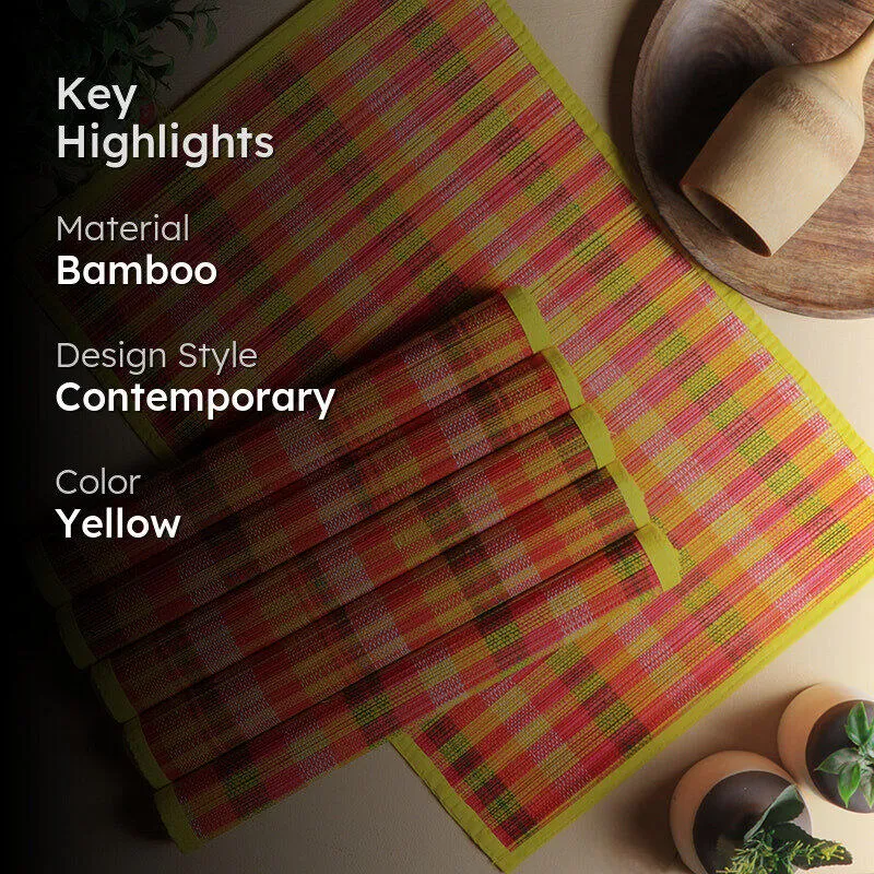 Chequered Zen Bamboo Table Mat (Yellow) - Set Of Six media 2
