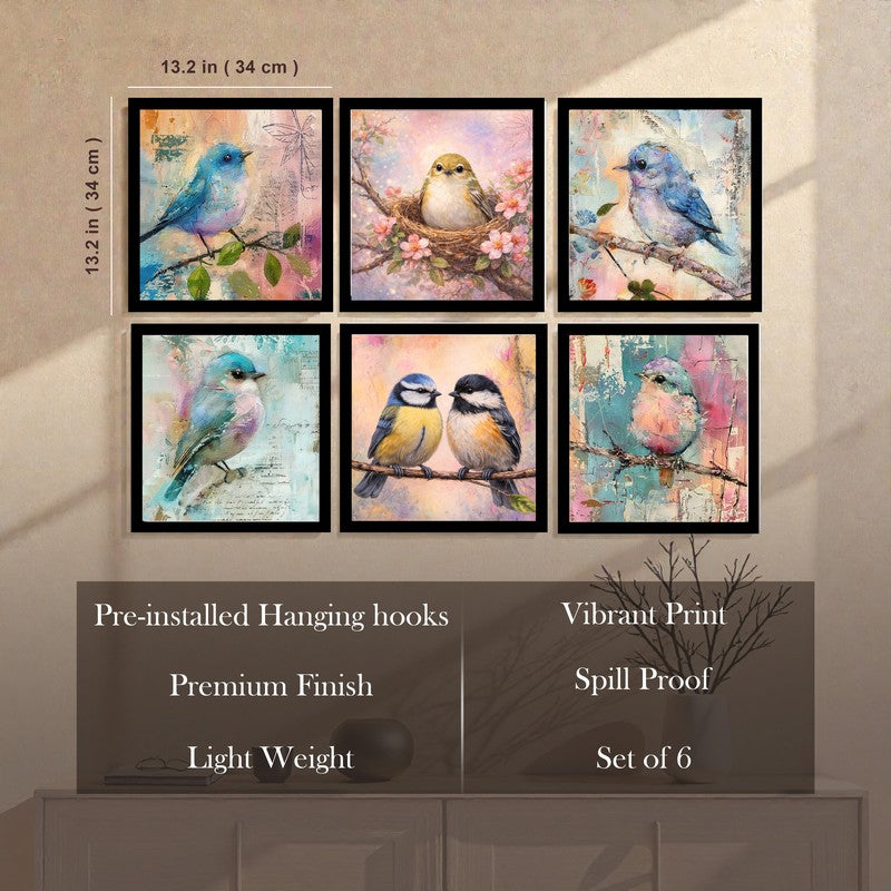 Dreamy Garden Birds Paper Wall Painting With Frame - Set Of Six media 7