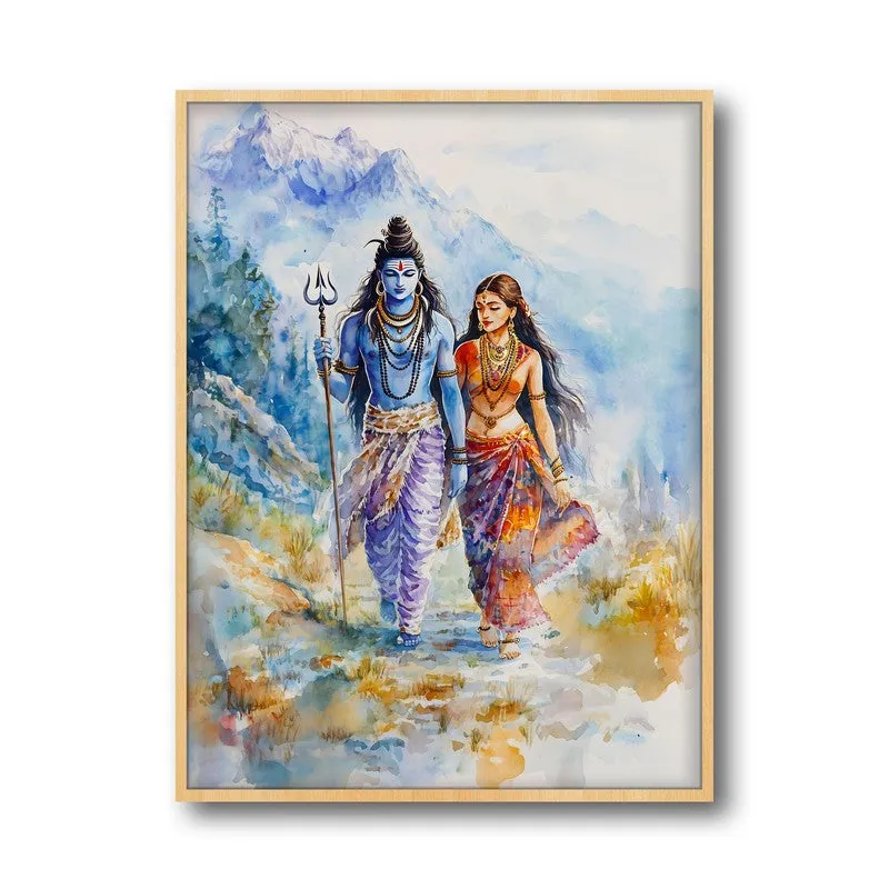Gangadhara Parvati Spiritual Archival Paper Wall Painting - Natural Brown Frame media 5