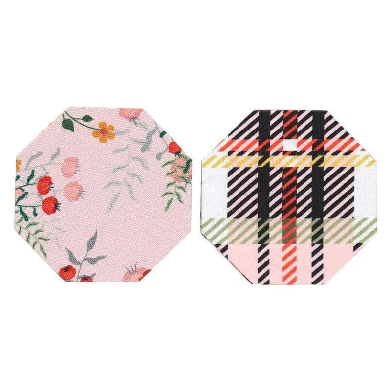 Two octagonal coasters on a white background, one floral and one plaid