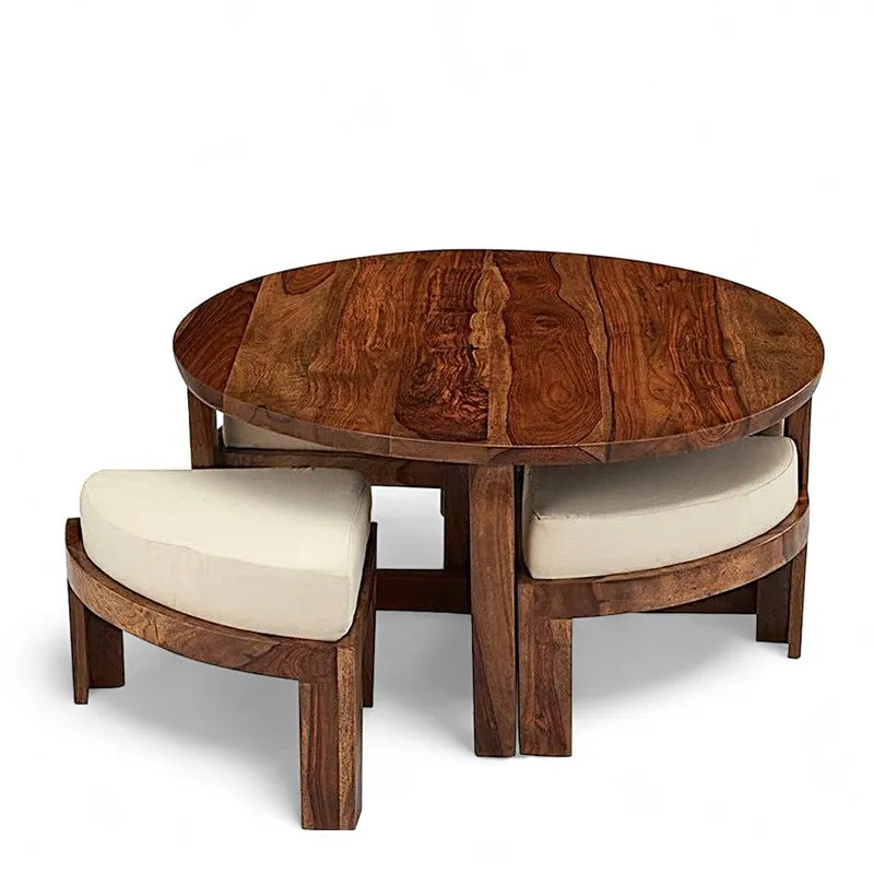 Gravex Sheesham Wooden Center Table with Stools and Cushions (Brown) - Nine Piece Set media 6