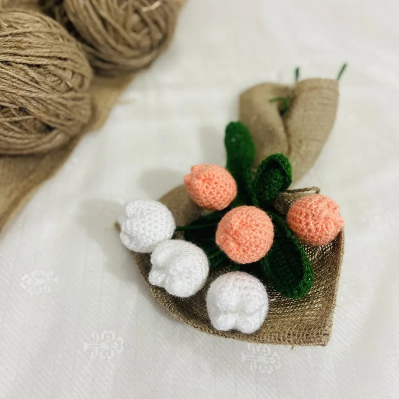 Crochet Handmade Rose Bouquet (White,Peach) - Set Of Six media 4