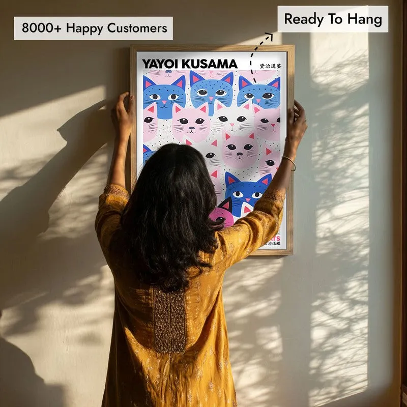 Cute Cats Inspired by Yayoi Kusama Archival Canvas Wall Art - Natural Brown Frame media 7