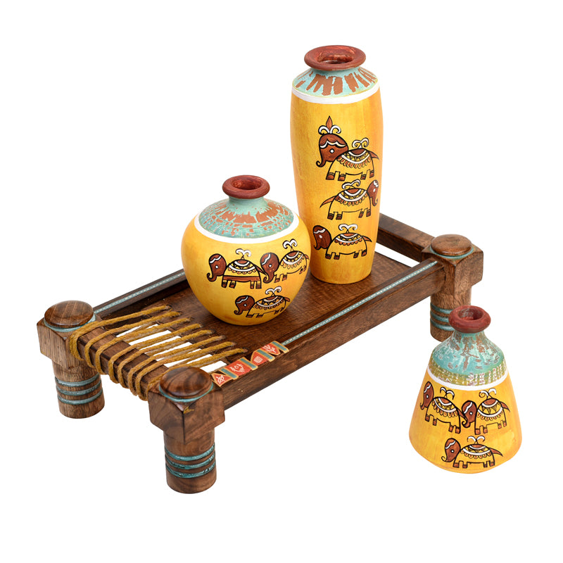 Happy Elephant Yellow Tribal Vase & Charpai Stand - Four Piece Set media 3