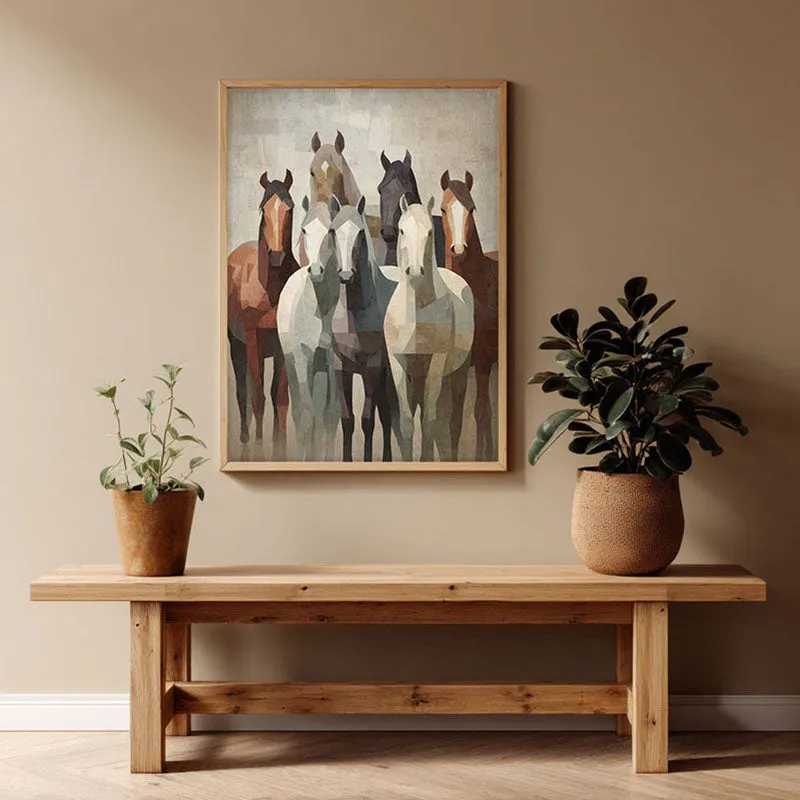 Earthy Horse Wall Painting With Brown Frame media 1