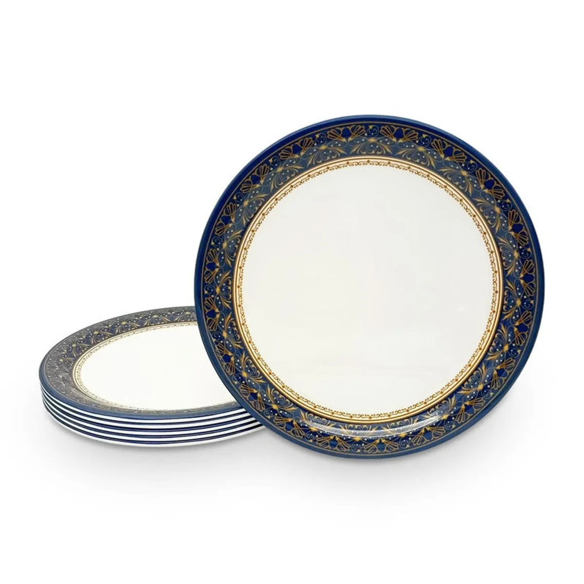 Blue and white patterned quarter plates arranged upright and stacked