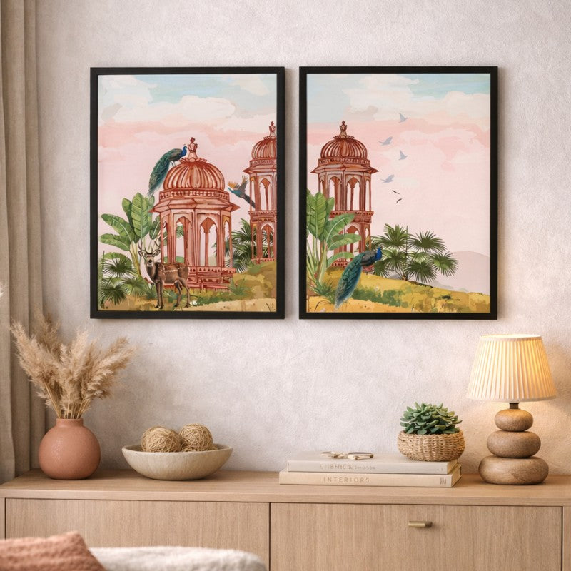 Royal Pavilion Paper Wall Painting With MDF Frame - Set Of Two