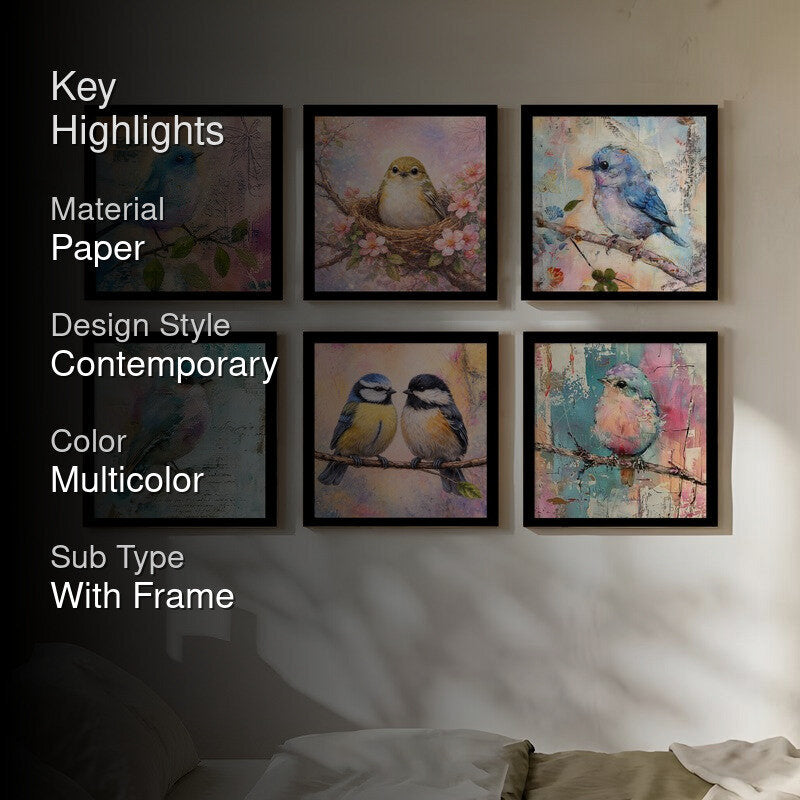 Dreamy Garden Birds Paper Wall Painting With Frame - Set Of Six media 2