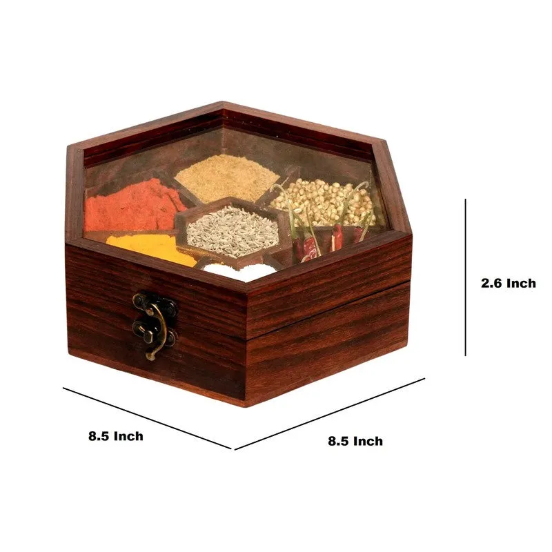 Rasoi Sheesham Wood Hexagon Masala Box - Two Piece Set media 9