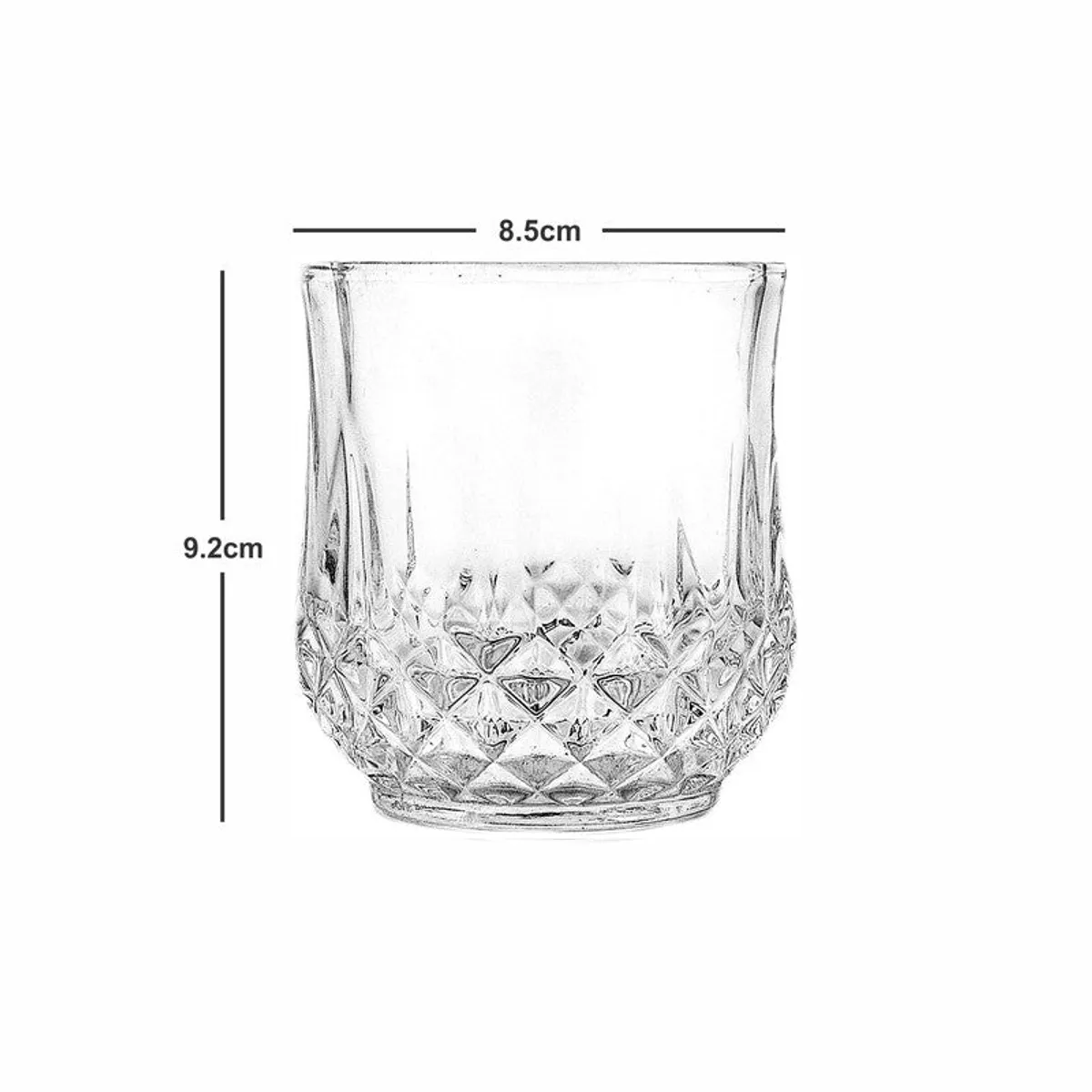 Single clear whiskey glass shown with its length and breadth dimensions