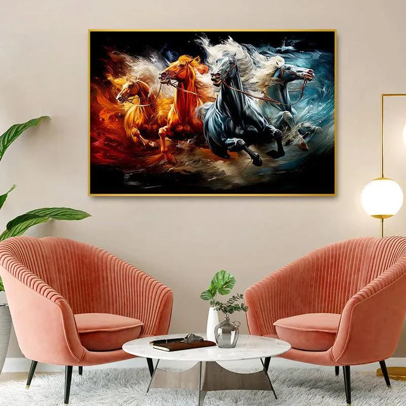 Elemental Stallions Canvas Wall Painting With Frame - Gold media 1