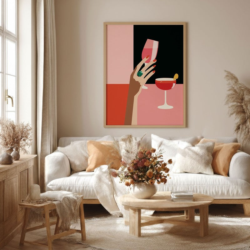 Vintara Wine Sip Illustration Canvas Wall Painting With Brown Frame