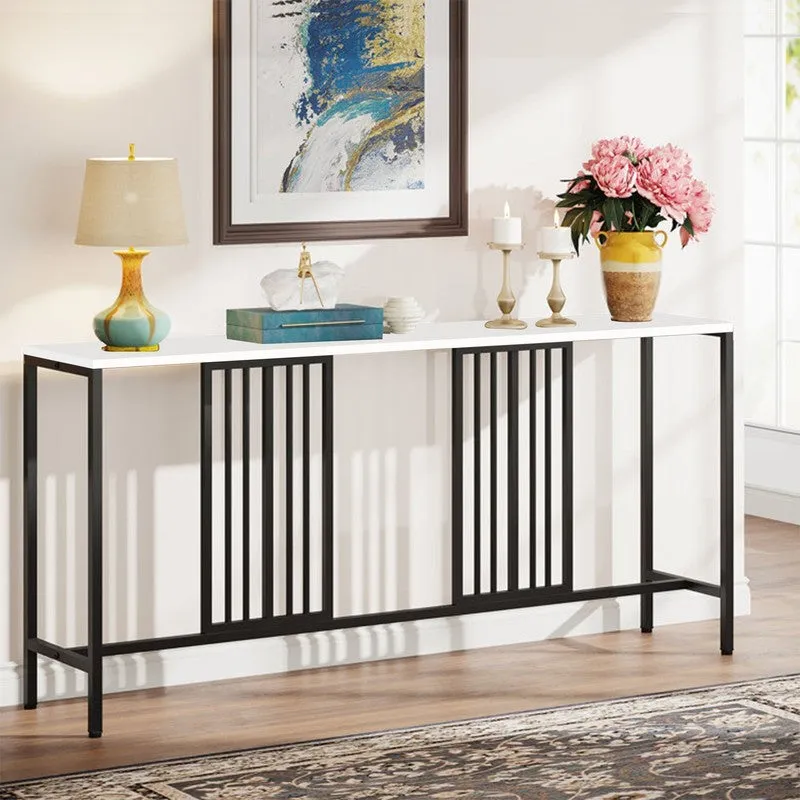 Narrow Long Metal Console Table with White Marble Top (Black) - Medium media 1