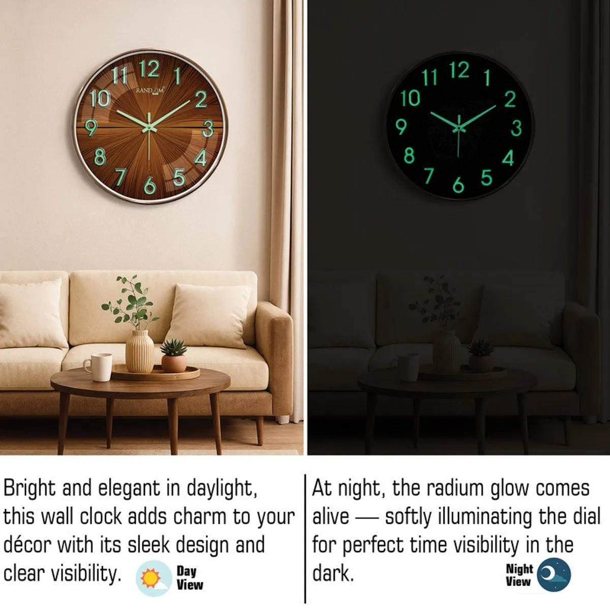 Brown wall clock displayed in a bright living room and glowing in a dark room