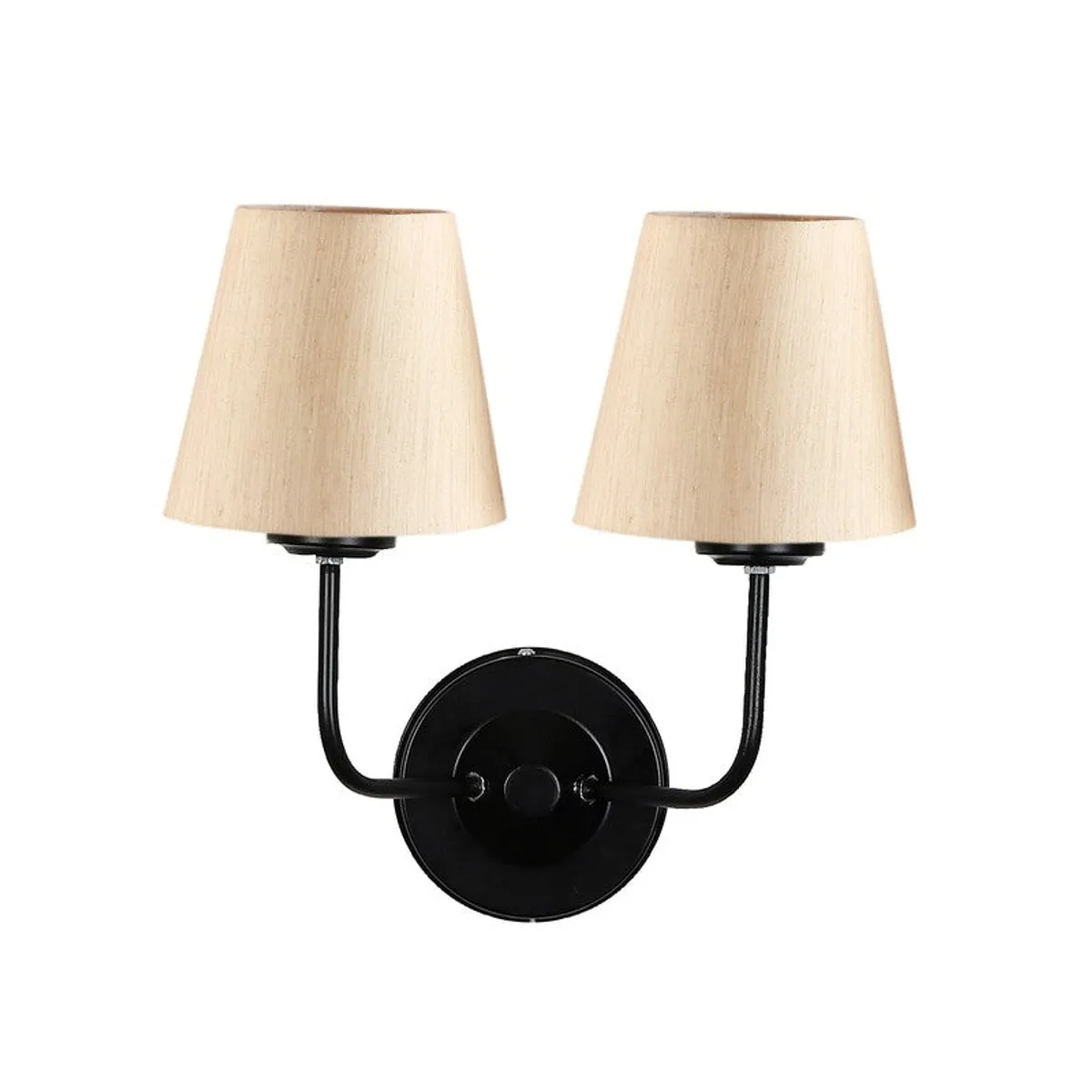 Front view of beige cotton twin-shade wall lamp with black base