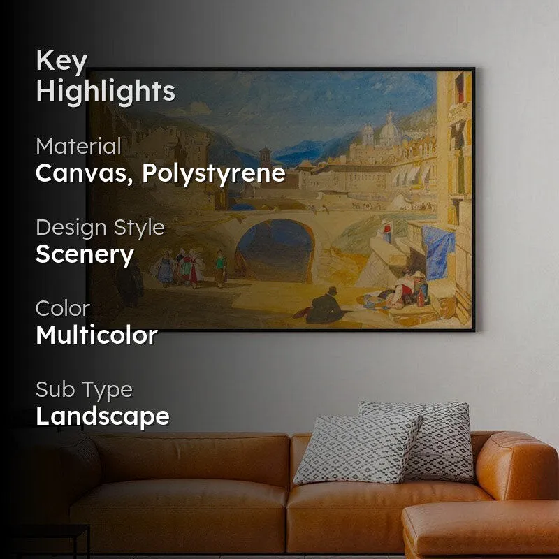 Bridge In A Continental Town Canvas Wall Painting - Black Frame media 2