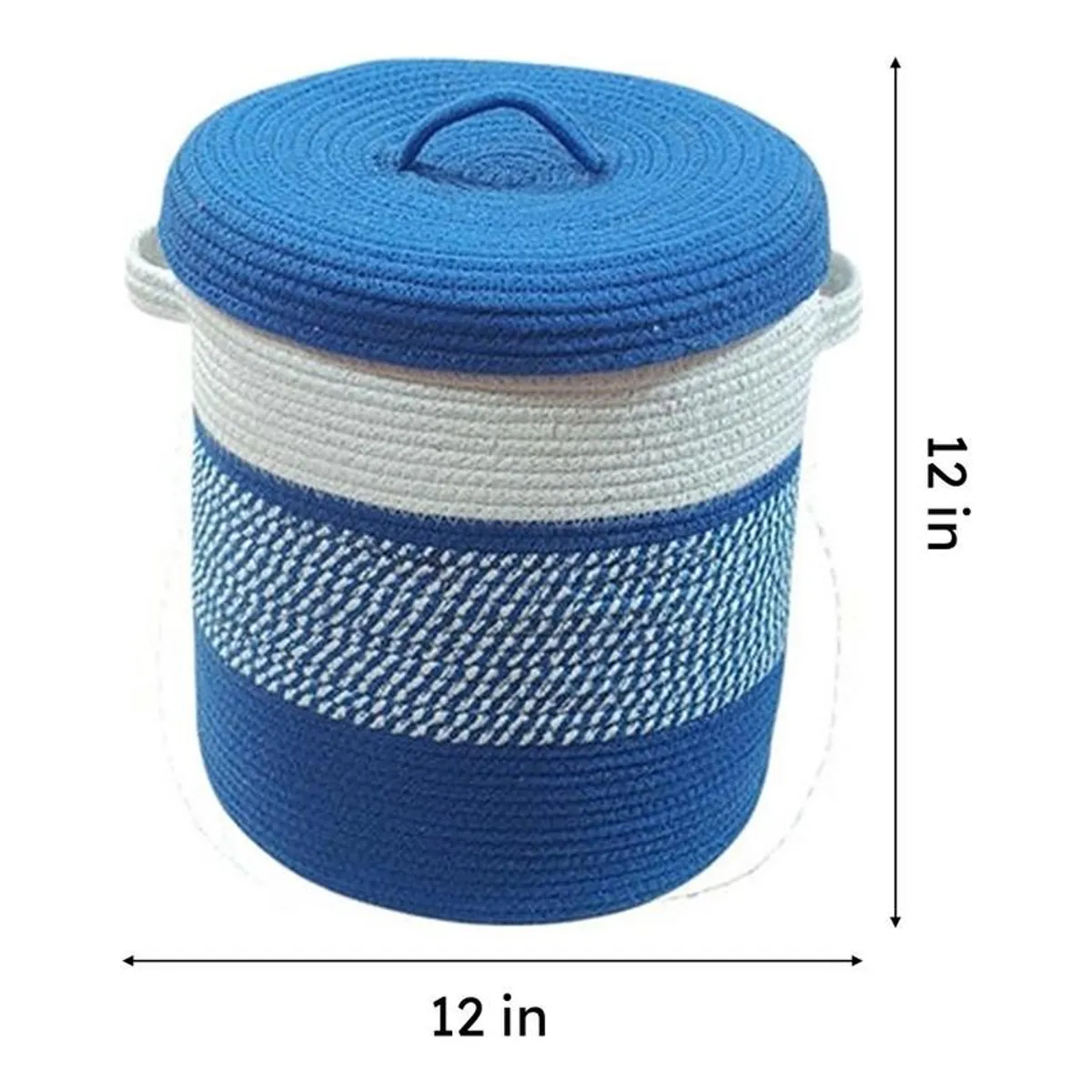 Blue and white round basket with lid and side handles on a white background