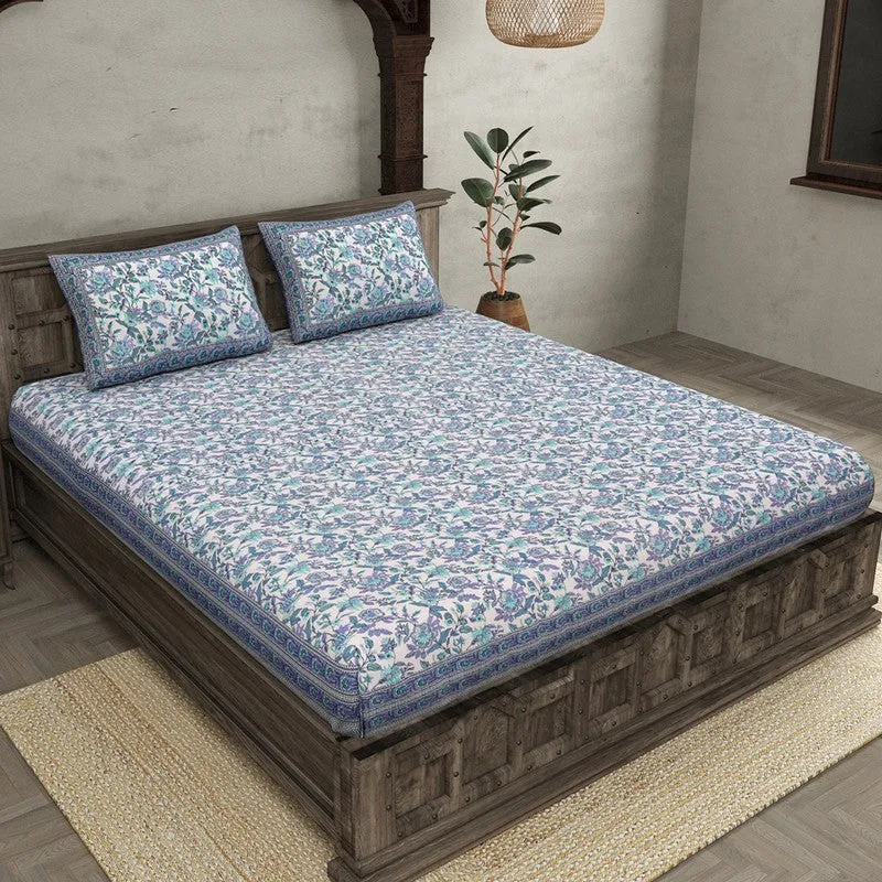 Miksha Floral Cotton Bedsheet (Blue) - 210 TC media 3