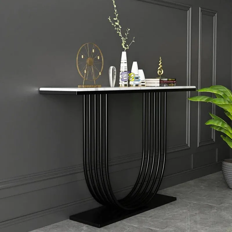 U Shape Metal Console Table with Marble Top (Black) - Medium media 1
