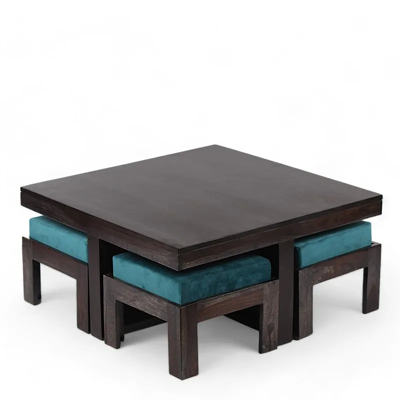 Evrino Sheesham Wooden Center Table with Stools and Cushions (Deep Brown,Blue) - Nine Piece Set media 4