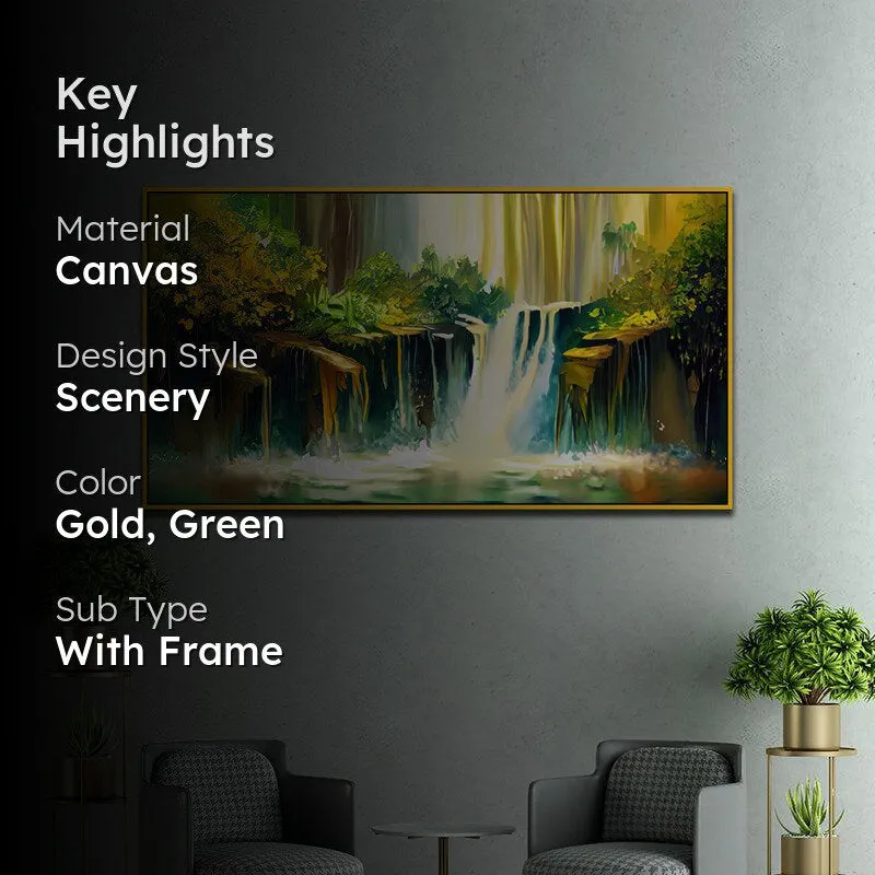 Utopian Waterfalls Landscape Canvas Wall Painting With Frame - Gold media 2