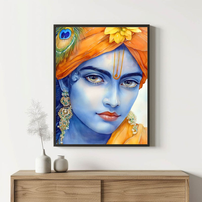 Divine Achyutha Spiritual Archival Paper Wall Painting With Frame - Black