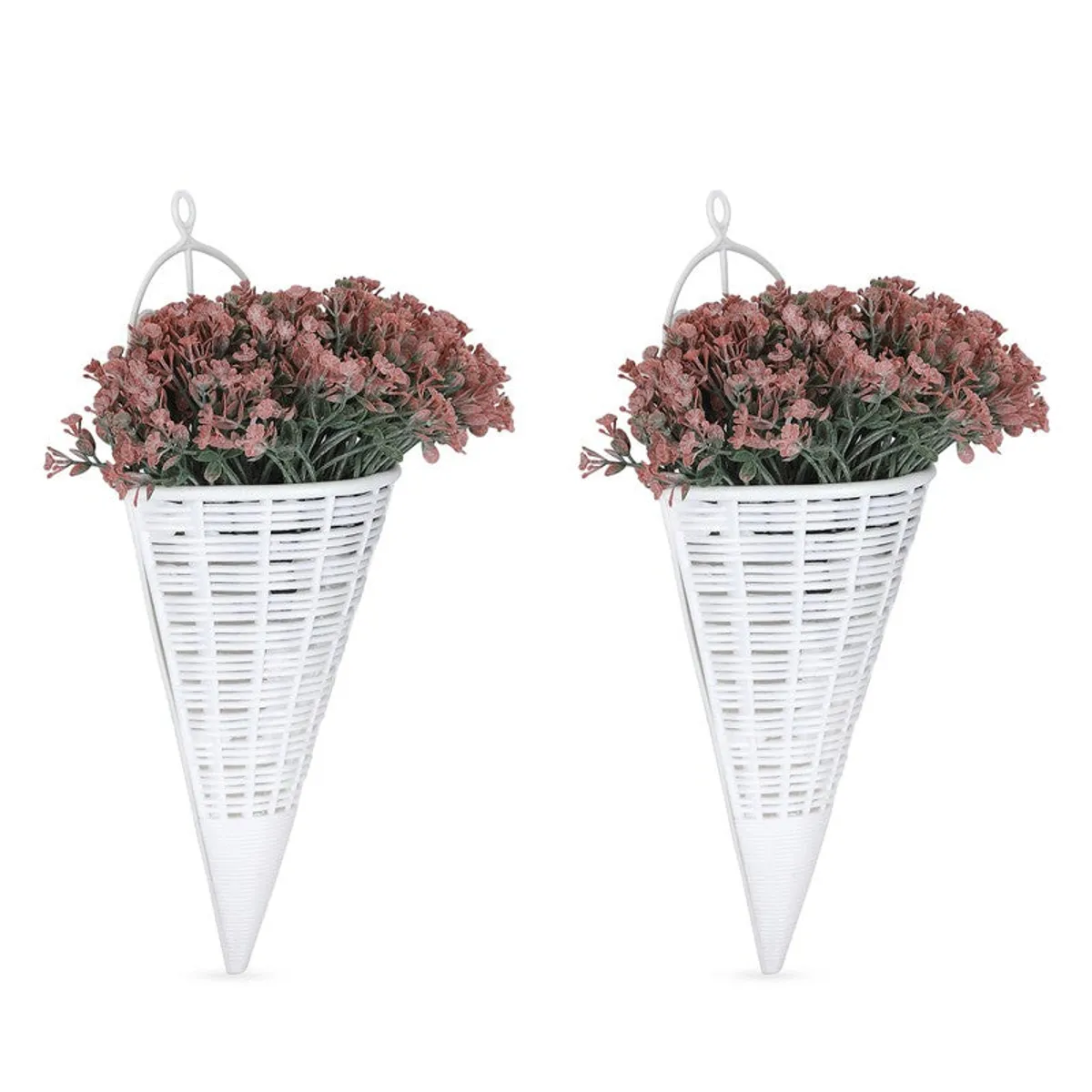 Front view of two peach artificial flower arrangements in white hanging pots