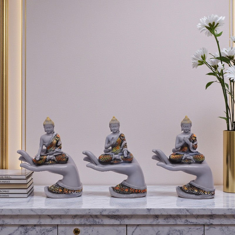 Meditating Buddha Polyresin Idol (Grey) - Set Of Three