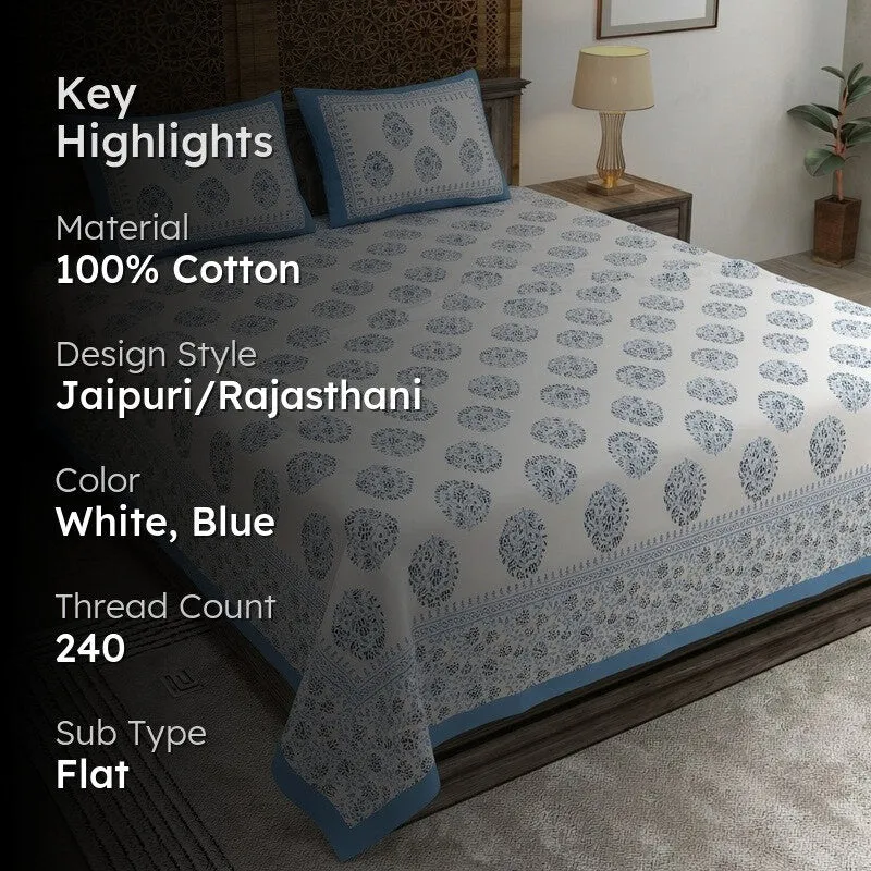 Blossoma Cotton Bedsheet (White,Blue) - 240 TC media 2