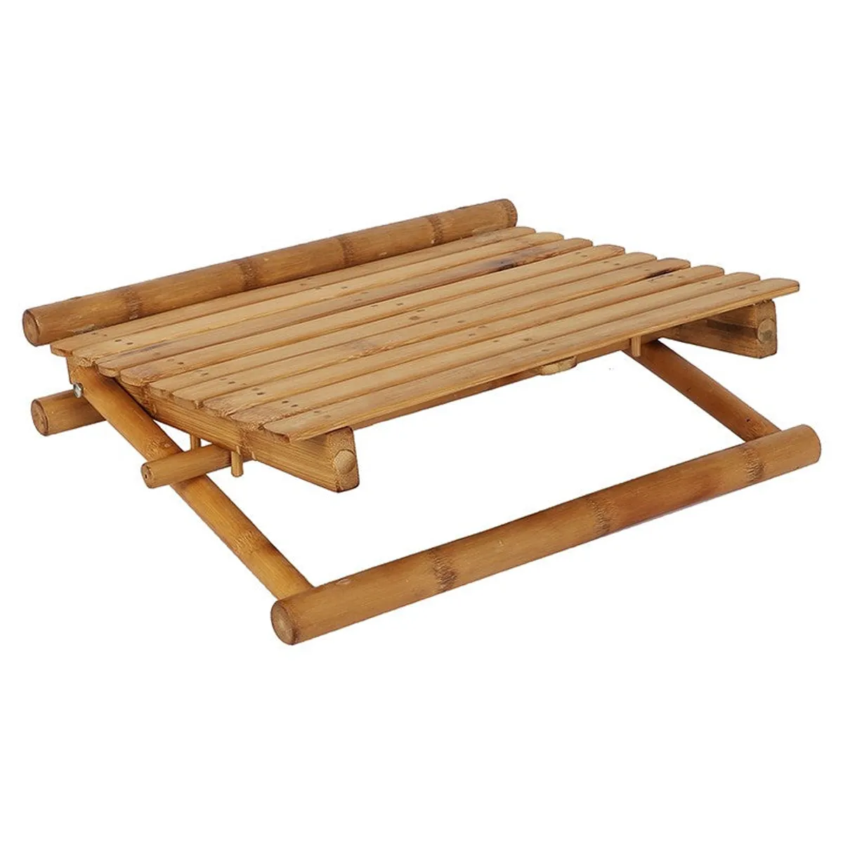 Bamboo laptop stand shown open with a slatted surface