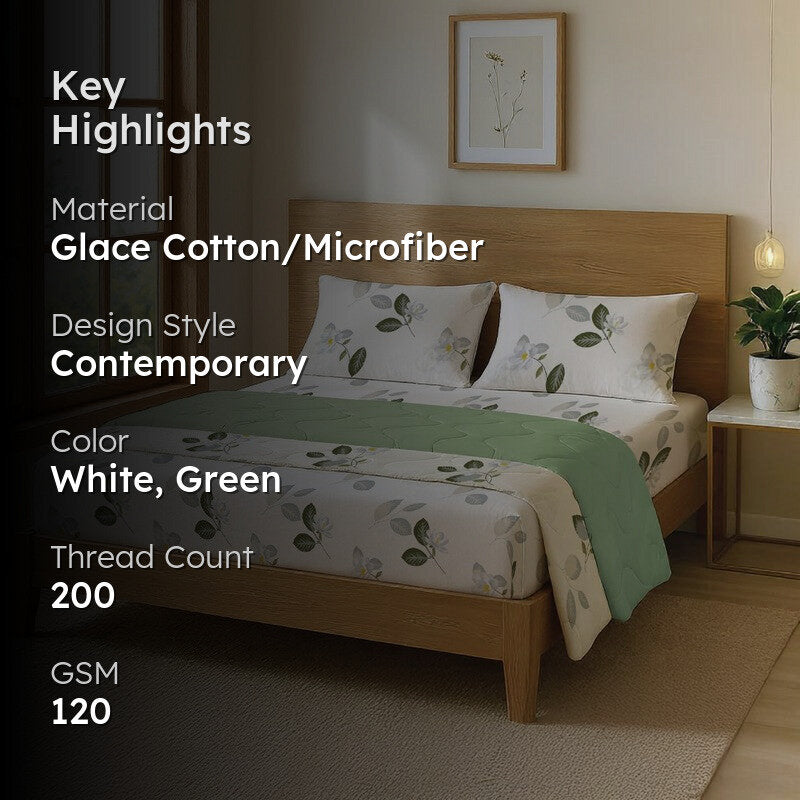 Urban Space Floral White,Green Glace Cotton,Microfiber Bedding Set (200 TC) - Four Piece Set media 2