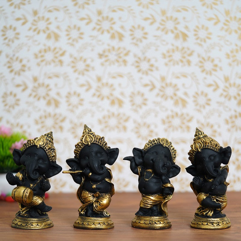 Joyful Ganesha Showpieces (Black) - Set of Four