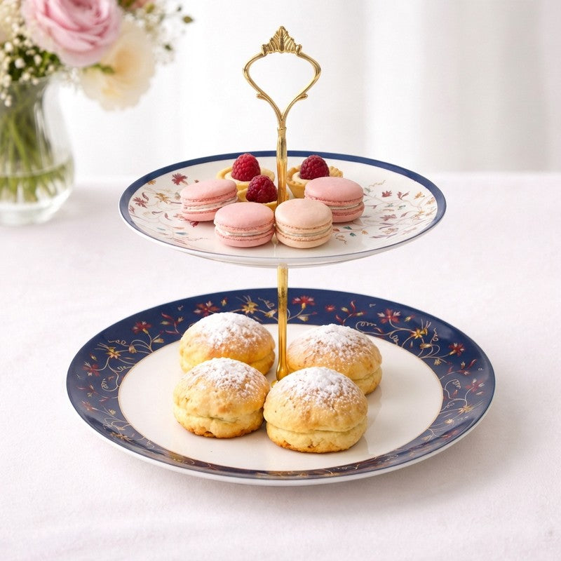 PetalGrace Tiered Cake Stand - White,Blue